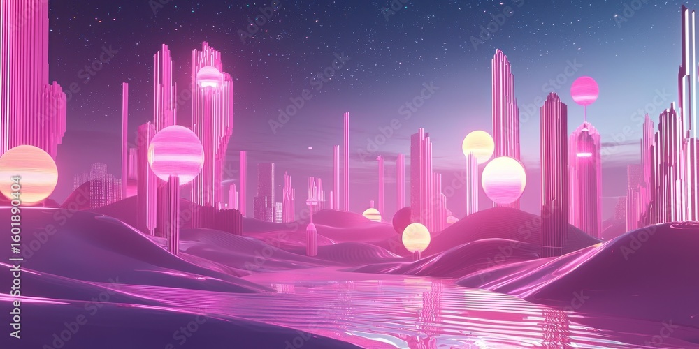 Poster a surreal futuristic landscape designed by artificial intelligence, filled with glowing structures a