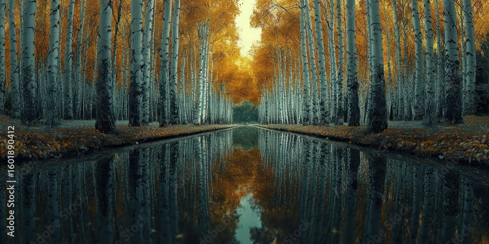 Poster a surreal forest with infinite reflections, making it look like a never-ending maze of trees