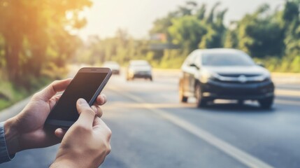 Person using phone by roadside.