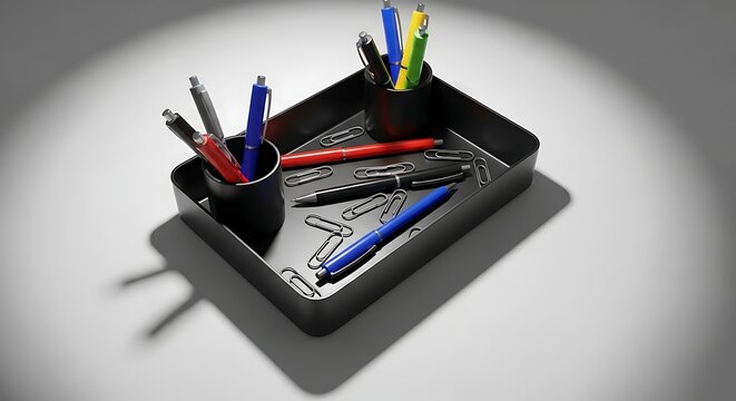 A collection of writing instruments including pens and pencils arranged in cups on a tray