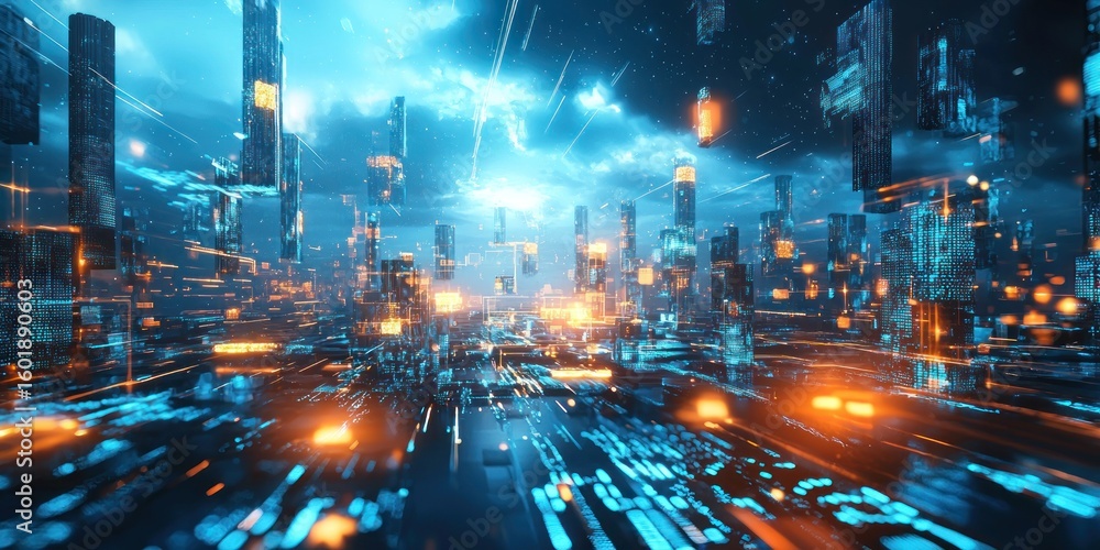 Poster a surreal futuristic landscape designed by artificial intelligence, filled with glowing structures a