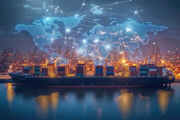 Cargo ship at night with digital world map overlay, illustrating global trade and data connectivity.