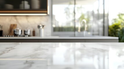 Modern Marble Kitchen with Blurred Background: A contemporary marble countertop in a modern kitchen, showcasing the clean lines, natural textures and soft, natural light.