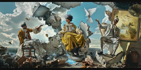 A surreal gallery where classical paintings change dynamically with modern elements