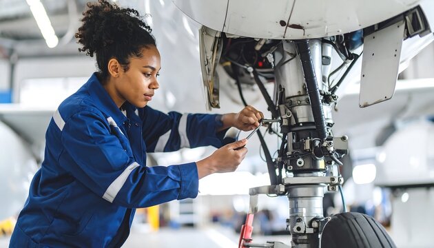Woman mechanic working on airplane landing gear