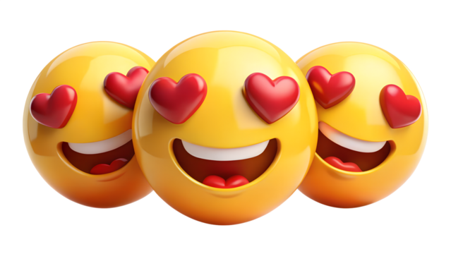 Three Happy Emojis in Love on Transparent Background