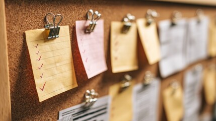 Corkboard with notes each secured by a metal clip One note displays a checklist with red check marks