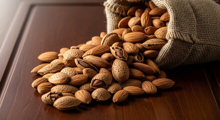 Heap of almonds spilling from burlap sack onto a wooden surface, close-up, natural light