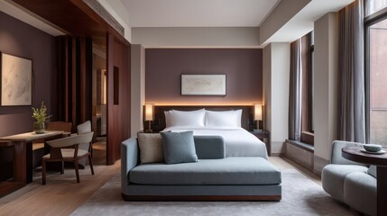 Fototapeta premium Luxury suite with half-wall partition and velvet drapes, warm rim light casting across bed fabric textures, subtle dusk palette