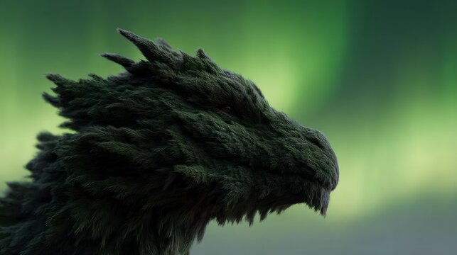 Dark green furry dragon head profile against a blurred green background