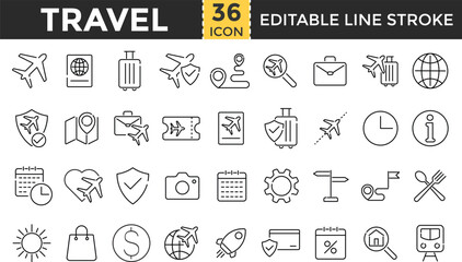 travel line icon set. Travels outline icons collection. Pixel Perfect and Editable Stroke. hotel, airplane, passport, globe, rail, schedule, info, tourism, tourist transport, locations, vacation, 