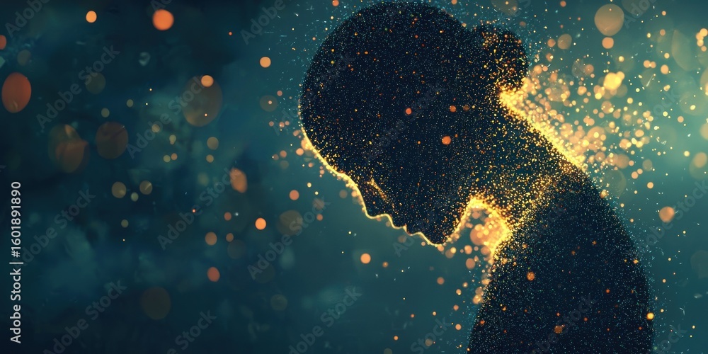 Poster a surreal image of a person slowly breaking apart into tiny glowing pixels