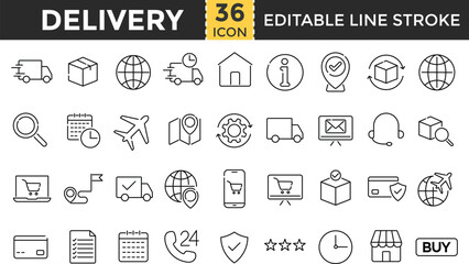 Delivery line icon set. Pixel Perfect and Editable Stroke. shipping related outline icons collection. transport, truck, Package, logistics, Delivery , shipping, tracking, parcel, box symbol. 

