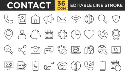 Princontact line icon set. Contact outline icons collection. Pixel Perfect and Editable Stroke. Globe, Location, wifi, call, Support, clock, Telephone, eMail, Feedback, Message symbol and more.