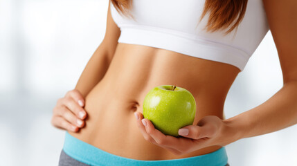Woman in white top holding fresh green apple near slim waist