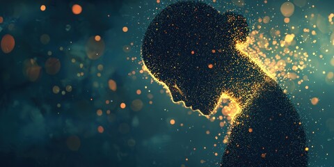 A surreal image of a person slowly breaking apart into tiny glowing pixels