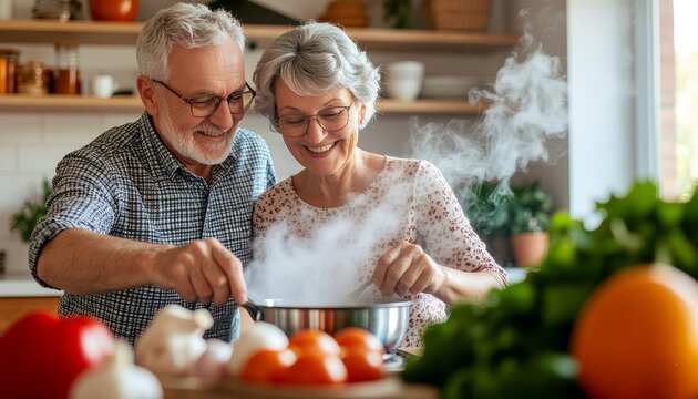 Joyful senior couple cooking a healthy meal together in their kitchen, enjoying a happy and active retirement
