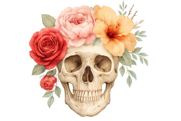 Watercolor skull wearing rose and hibiscus crown, symbolizing mortality and beauty against transparent background for day of dead themed artwork