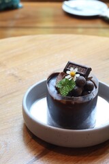 Close-up of delicious chocolate cake on a plate.