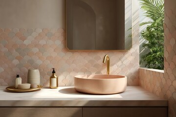 Matte coral bathroom with scalloped tile pattern and brass detailing, golden hour sunlight entering narrow slit window casting bold