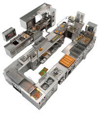 Commercial kitchen layout, top-down view