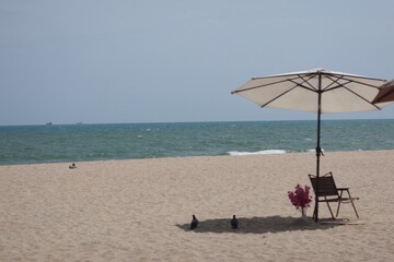 beach with umbrella and chairs