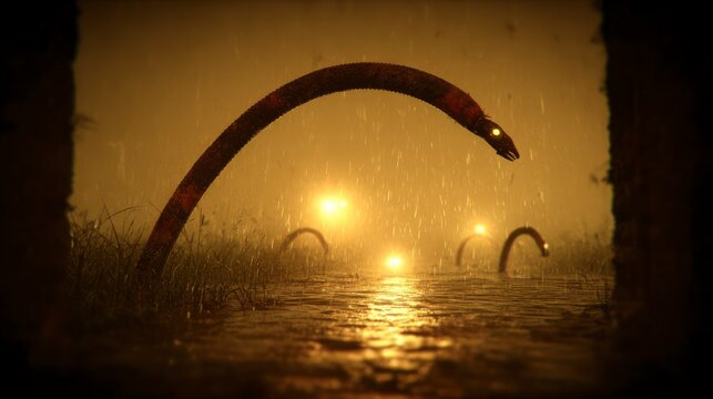 Strange serpent like creatures with glowing eyes emerge from a murky rain soaked landscape with eerie yellow lights