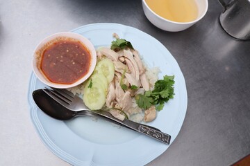 Top view of Khao Man Kai, a popular breakfast in Thailand.