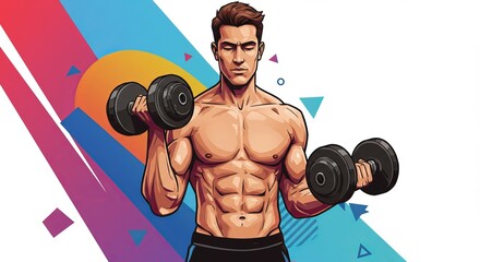 Muscular man lifting dumbbells Abstract colorful background