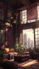 Colorful Urban Loft Living Room With City View