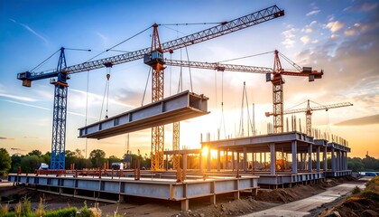 Construction site at sunrise with cranes