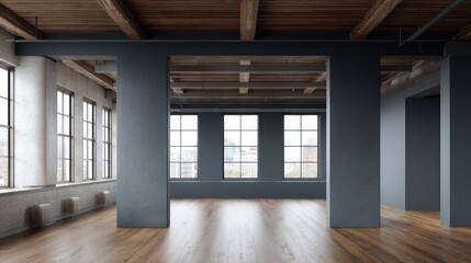 Minimal loft space with matte gray structural columns and dark timber ceiling, side-lit from large factory windows and moody