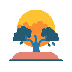 Minimalist tree illustration against sunset on black background