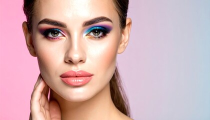 Fototapeta premium Beauty portrait of a gorgeous woman with vibrant, artistic eye makeup. Close-up of a model's face with flawless skin and perfect lips.