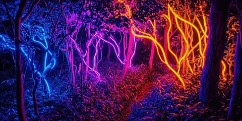 A surreal jungle where neon vines twist and pulse like electricity