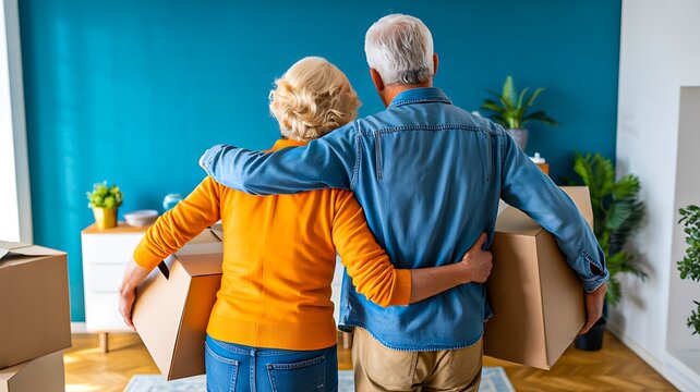 Senior couple hugging and holding boxes while moving into new home together
