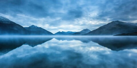 Naklejka premium A surreal lake scene where mist blurs the boundary between water and sky