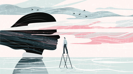 Mindfulness and self-analysis, flat vector illustration. Man exploring large mother figure. Childhood trauma concept in psychotherapy, dreams, freedom, loneliness psychoanalysis.