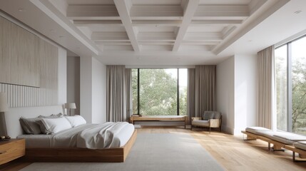 Modern classic bedroom with coffered ceiling, hand-finished oak flooring, and natural linen drapes, left side window light with volumetric