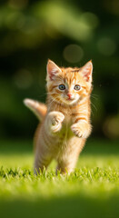 Cute ginger kitten playing in green grass adorable playful kitten pet animal feline domestic kitten outdoors