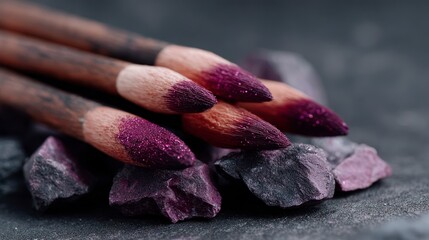 Artistic makeup brushes with purple glitter tips resting on dark textured stones