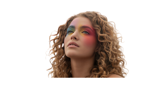 Dreamy Woman with Colorful Makeup, Looking Upwards