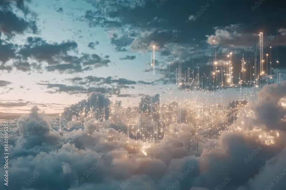 Poster digital network connecting clouds at dawn.