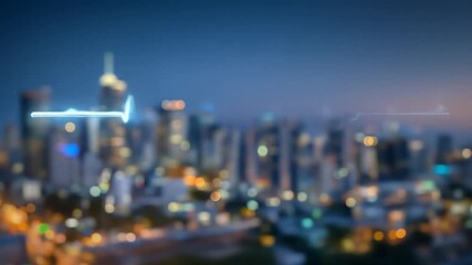 Animated Heartbeat Pulse Over Blurred Cityscape at Dusk Blue Toned Futuristic Glowing Heart Rhythm Signal On City Skyline - Powered by Adobe