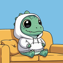 A cute green dinosaur cartoon illustration wearing hoodies, sitting on a coach