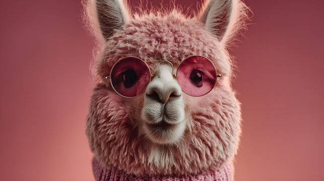 Cool llama with sunglasses on pink background funny animal portrait alpaca cute pet fashion style trend 2024