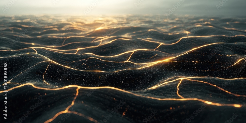 Poster a surreal landscape where abstract neural connections form glowing pathways