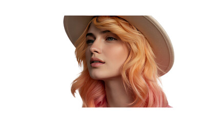 Dreamy Blonde Woman in a Beige Hat, Looking Pensively into the Distance