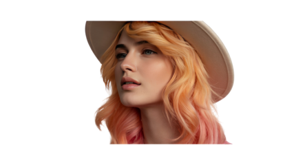 Dreamy Blonde Woman in a Beige Hat, Looking Pensively into the Distance