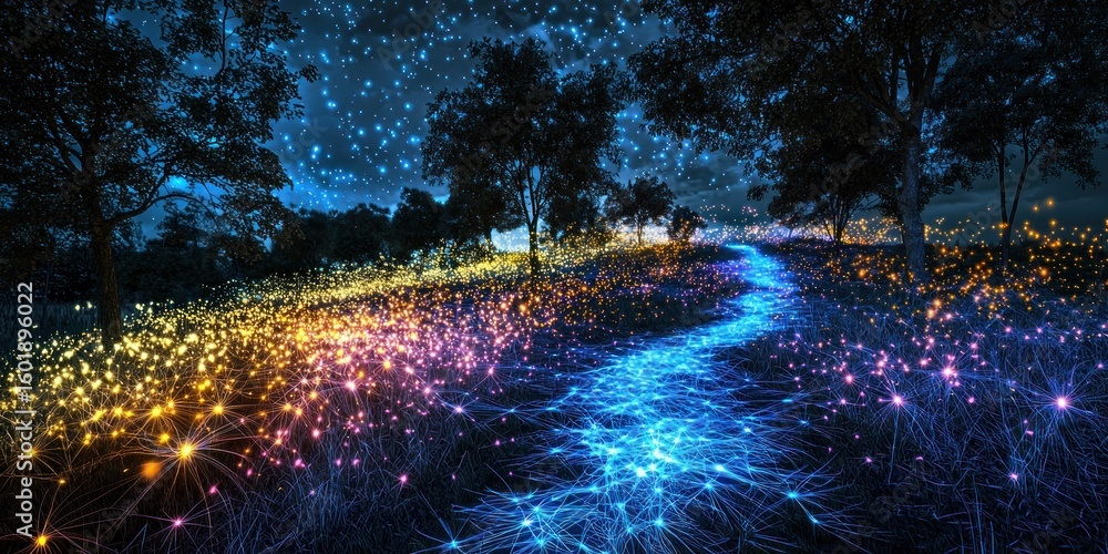 Poster a surreal landscape where abstract neural connections form glowing pathways